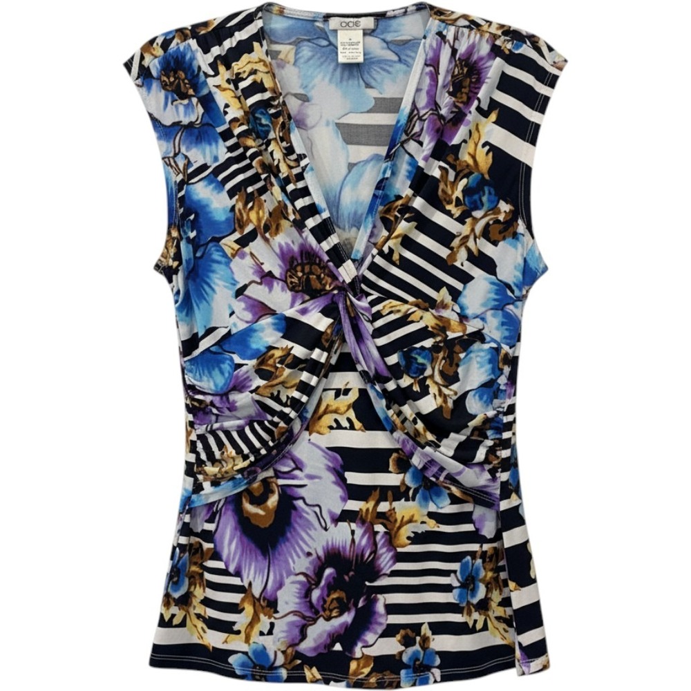 Cache Floral Striped Twist Front Sleeveless Top M Blue Black